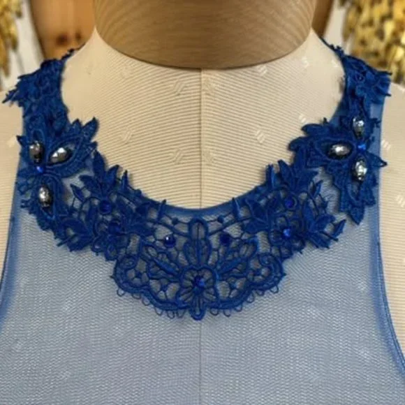 Dark blue with dark blue lace within neckline and ribs special occasion dress - Picture 5 of 7